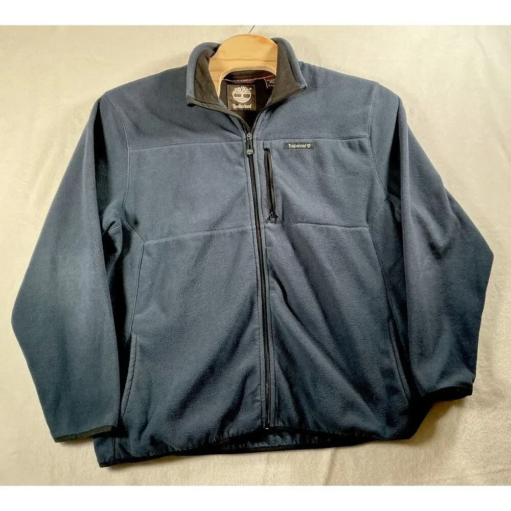 Timberland Jacket Mens XL Blue Full Zip Fleece Outdoor Hiking Chest Pocket Logo